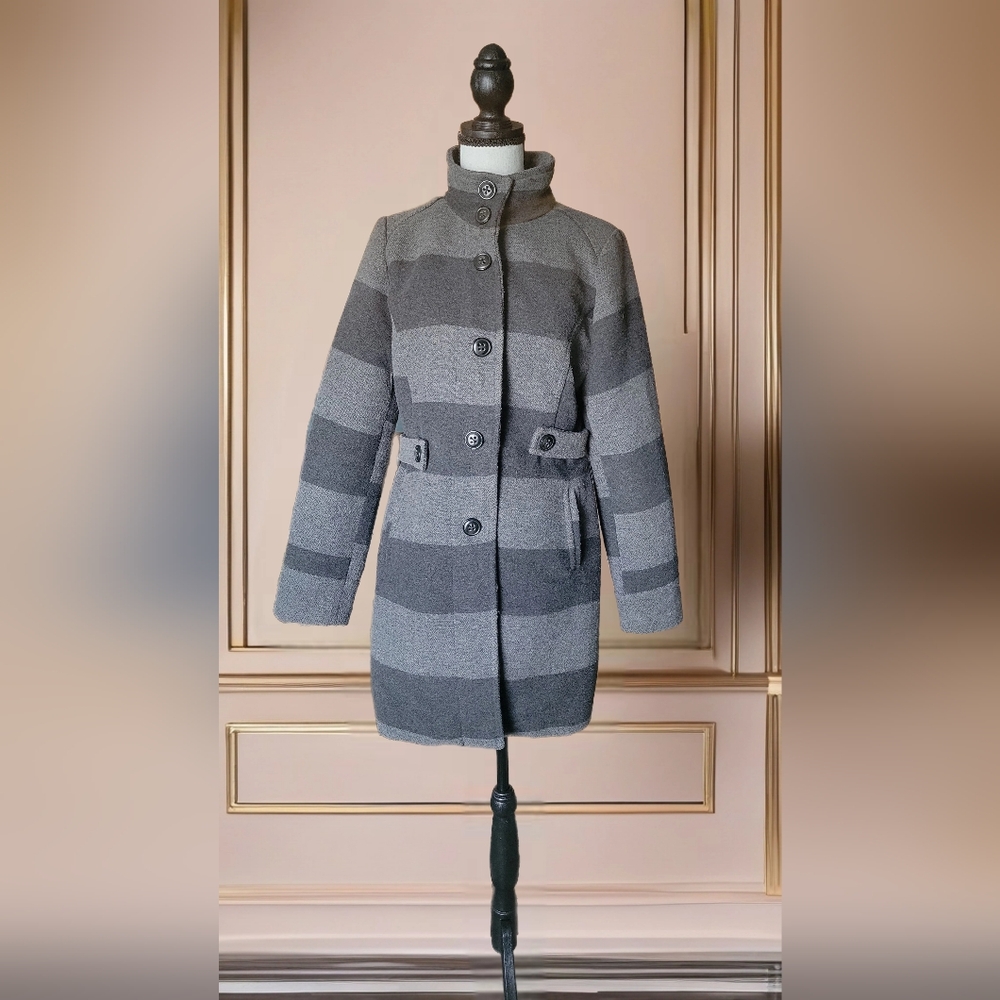Harve Benard Wool Blend Gray Striped Coat Jacket Sz M